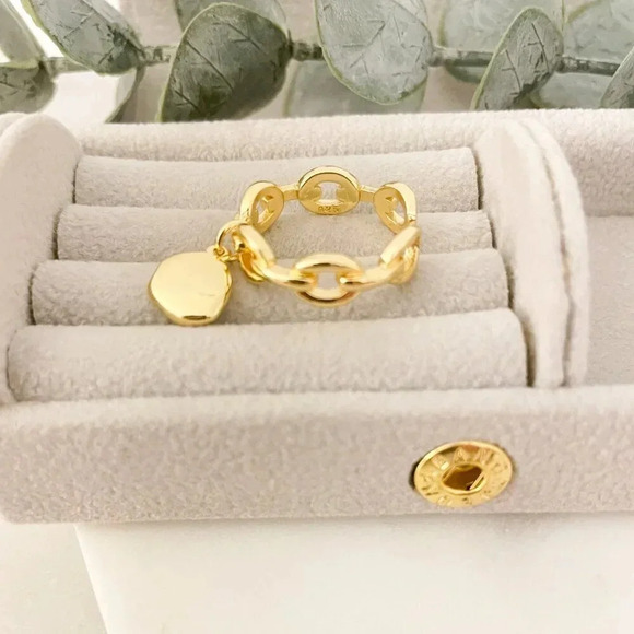 925 Sterling Silver Curb Chain Ring Chunky Dangle Charm Ring Dainty Boho Ring - Picture 9 of 9